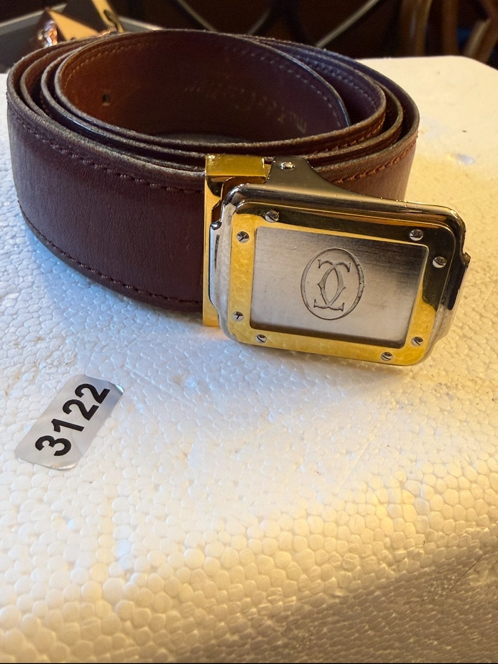 Cartier Burgundy Leather Belt with Gold and Silver Logo Buckle Length 40